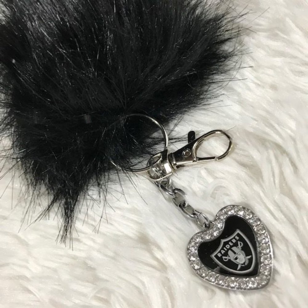 Las Vegas Raiders Rhinestone Heart Two-sided Pom Pom Charm Key Chain